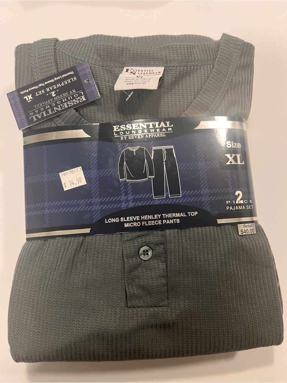 Essential Collection Men's Thermal Henley Pajama Set - Gray, Black, Blue (XL) - Picture 5 of 10
